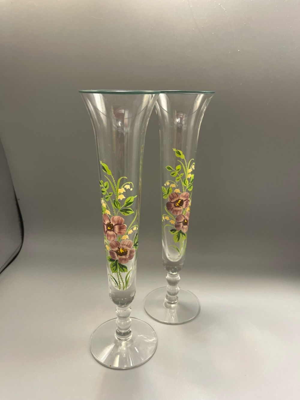 Vintage Pair Of Lebrun Hand Painted Vases 10” Tall Dark Green Rim Very Pretty